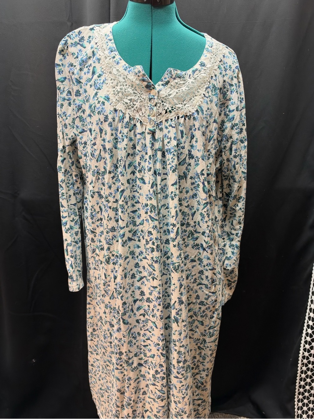 Adonna Blue Floral Crochet Yoke Nightgown